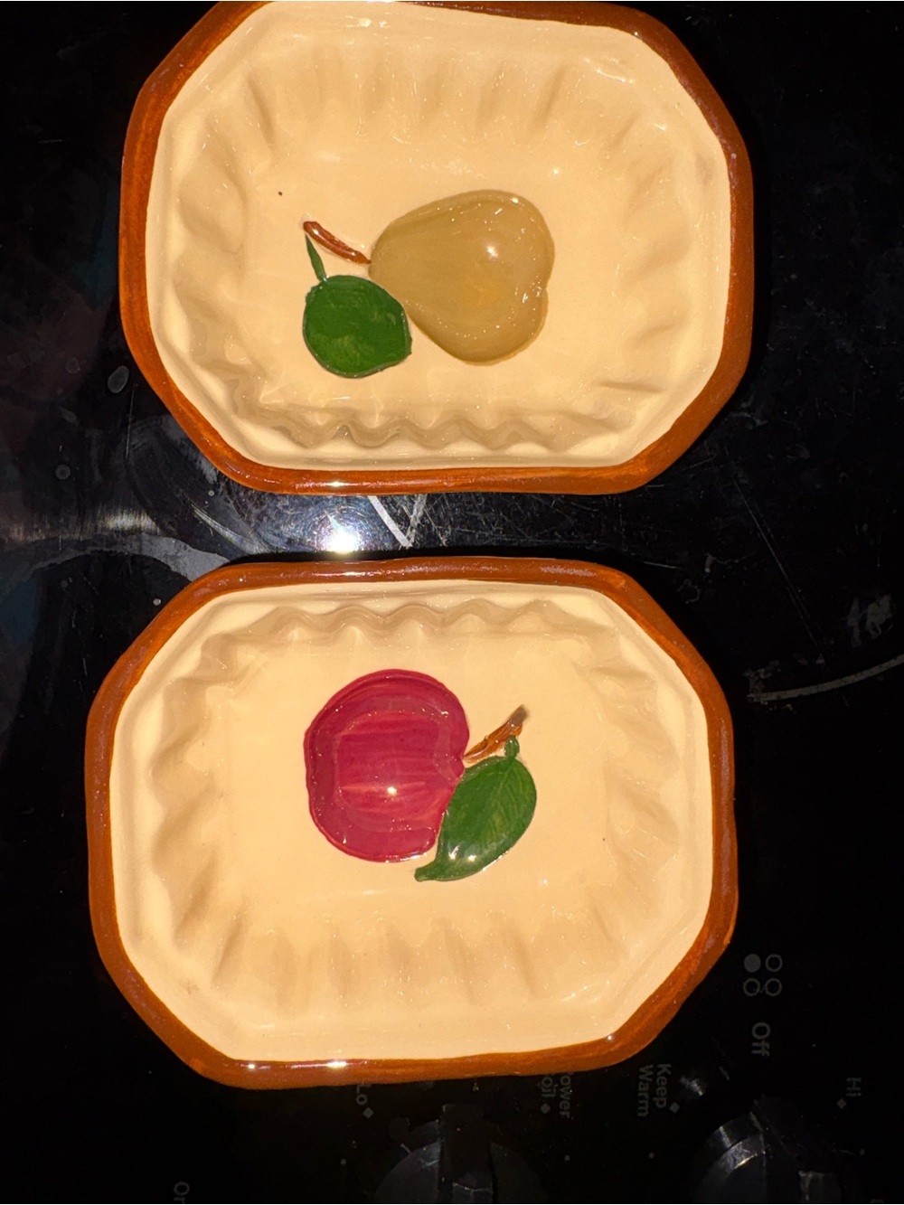 Vintage Hand-Painted Fruit Ceramic Serving Dishes - Cream with Brown Trim